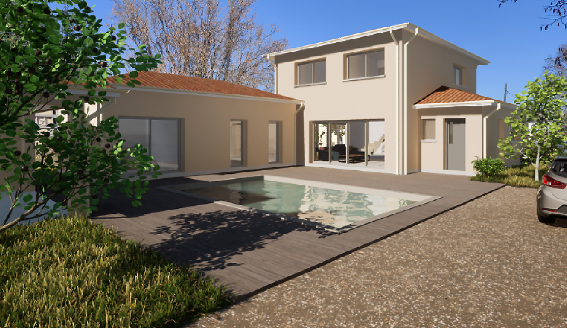 Construction d’une maison individuelle, cuisine d’été et piscine